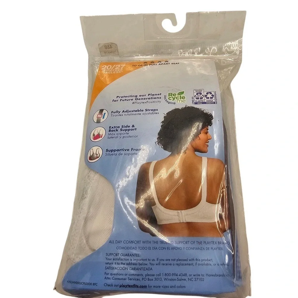 PLAYTEX 48B Bra 18 Hour 4 way Support Stretch White Side & Back Smoothing New